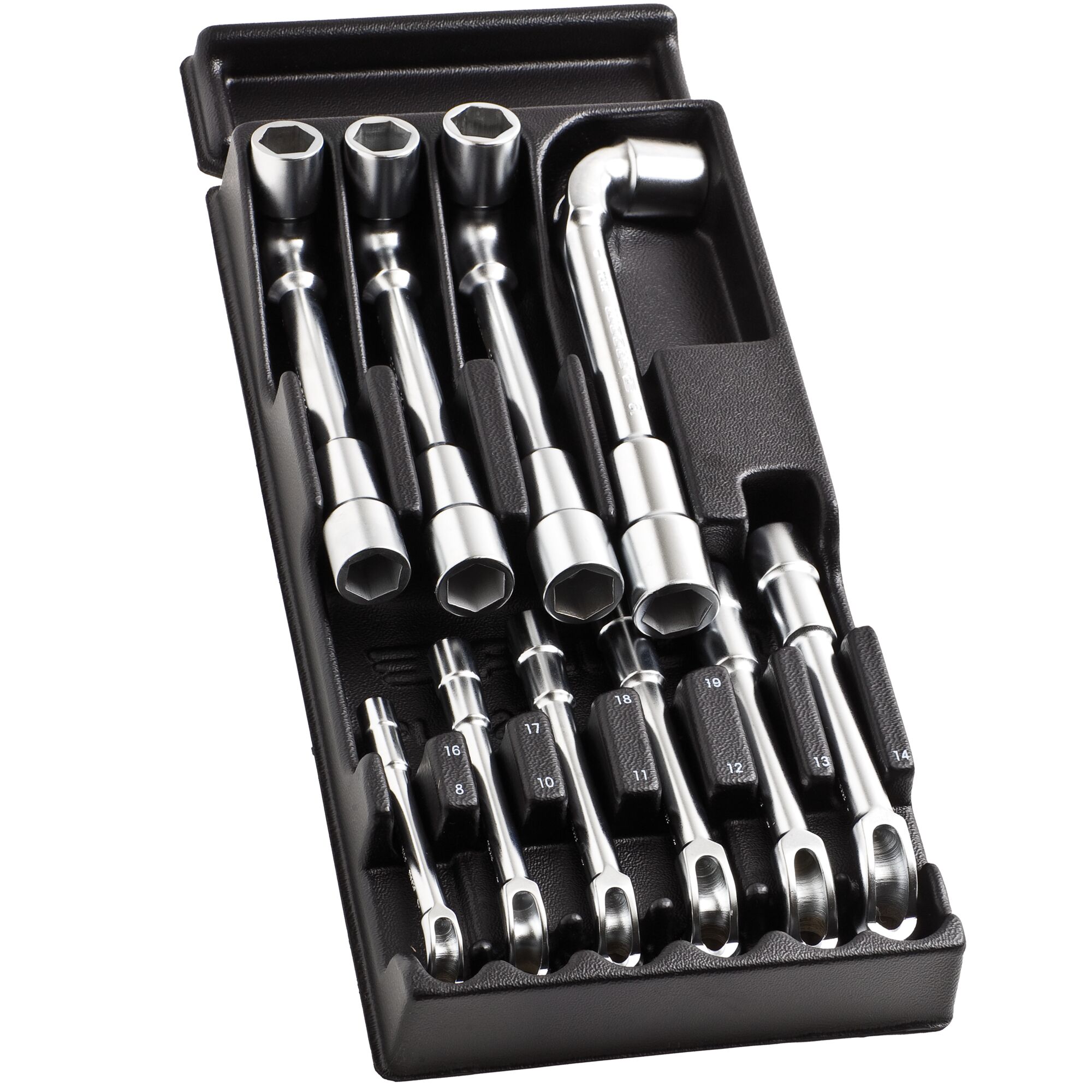 Facom MOD.75-1PB box with polished chrome socket wrenches and breaker bar, top angle on white background.
